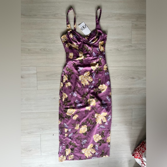 NWT Zara Purple Mauve floral flower corset bustier midi long dress size S - Picture 5 of 7